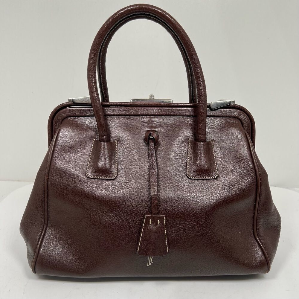 PRADA MADRAS CERNIERA DOCTOR BAG SATCHEL Red Brown LEATHER With A TOP HANDLE